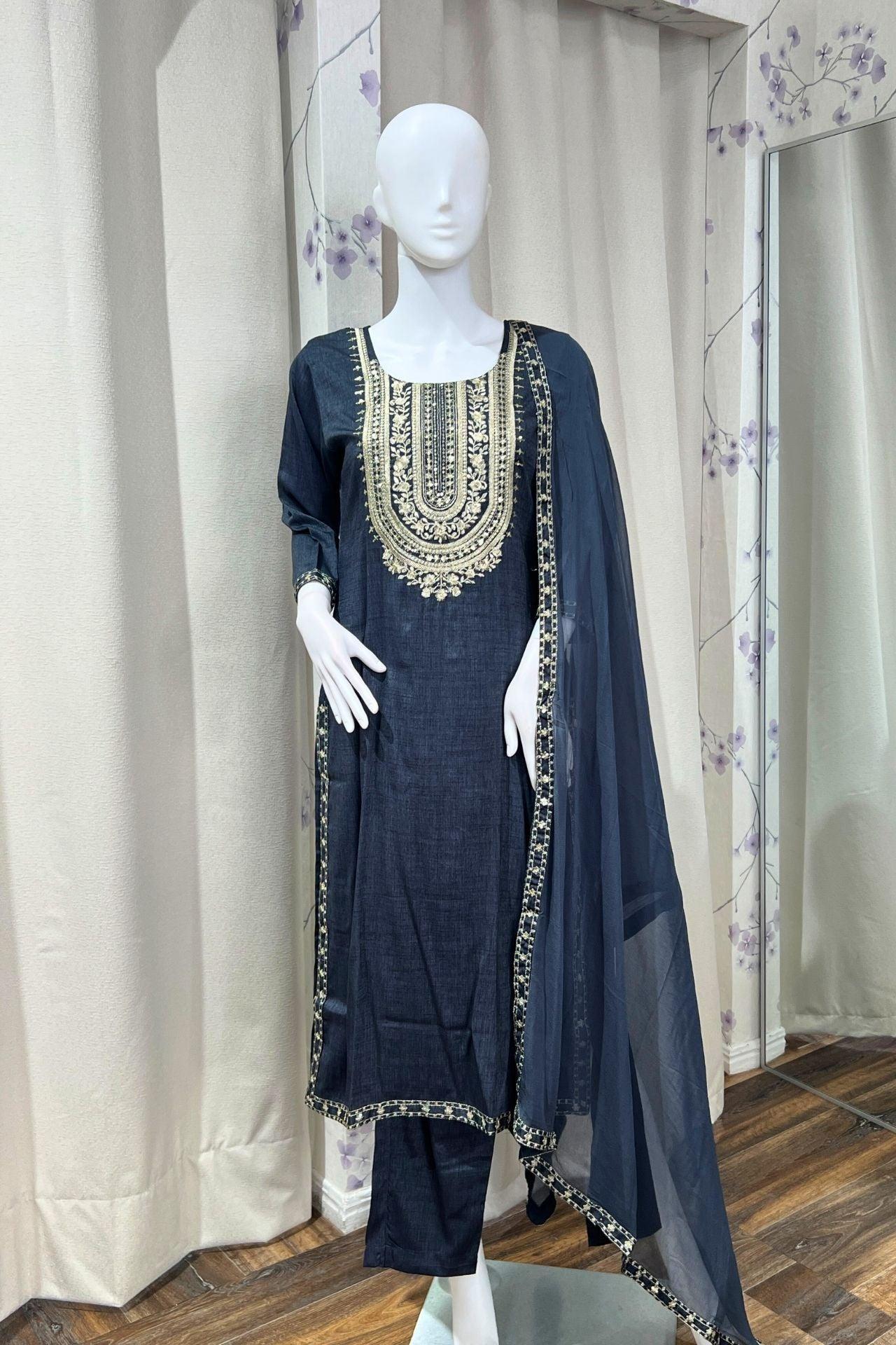 Three Pieces Kurta Set In Charcoal Black - Boutique Nepal