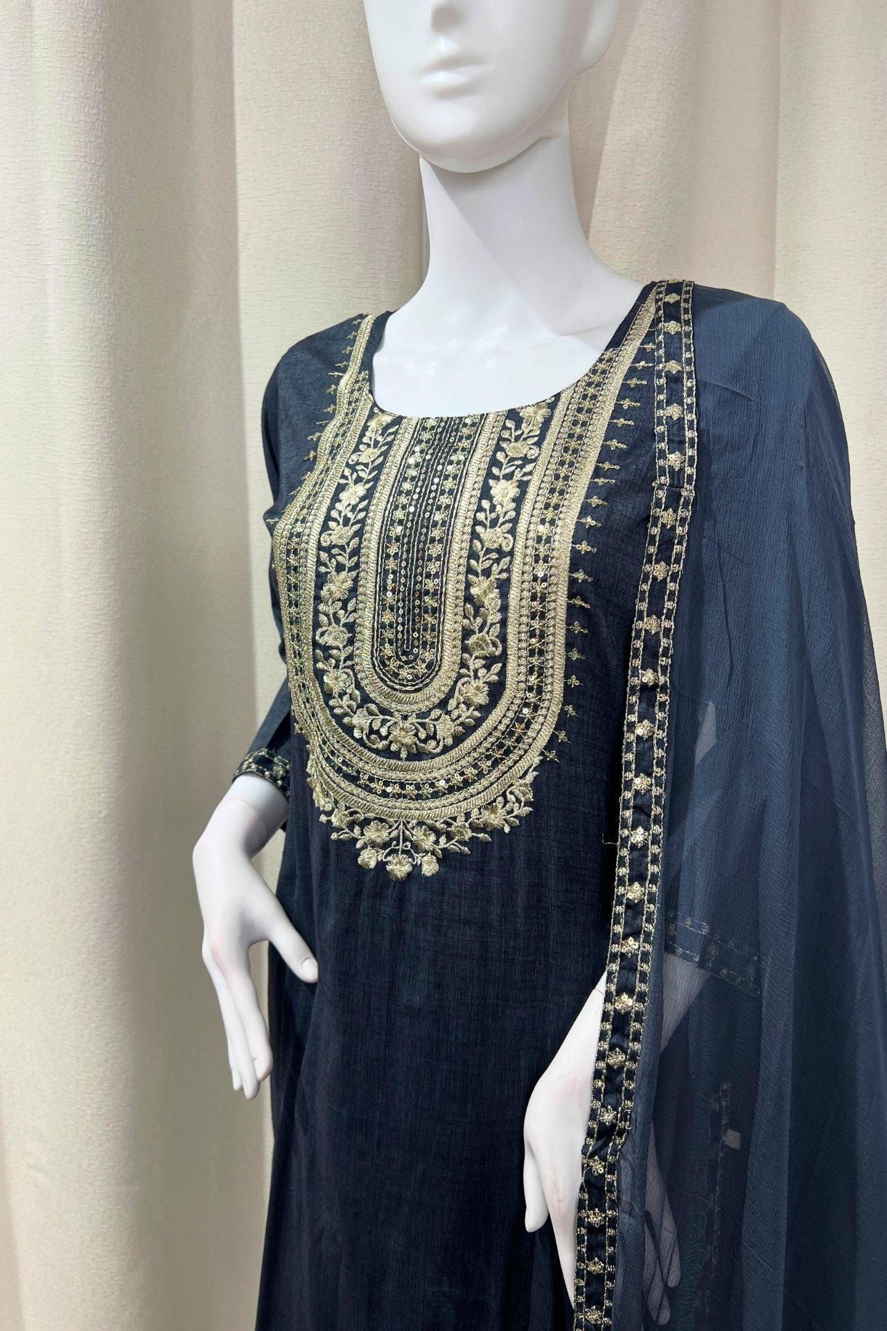 Three Pieces Kurta Set In Charcoal Black - Boutique Nepal