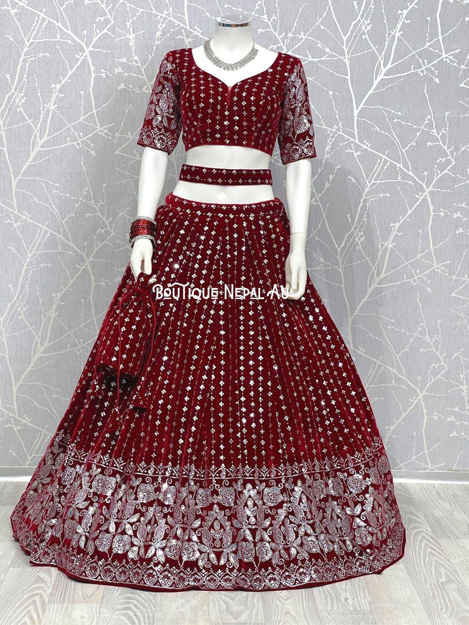 Red Velvet heavy embroidered Bridal Lehenga Set for your dream wedding –  Basanti Kapde aur Koffee