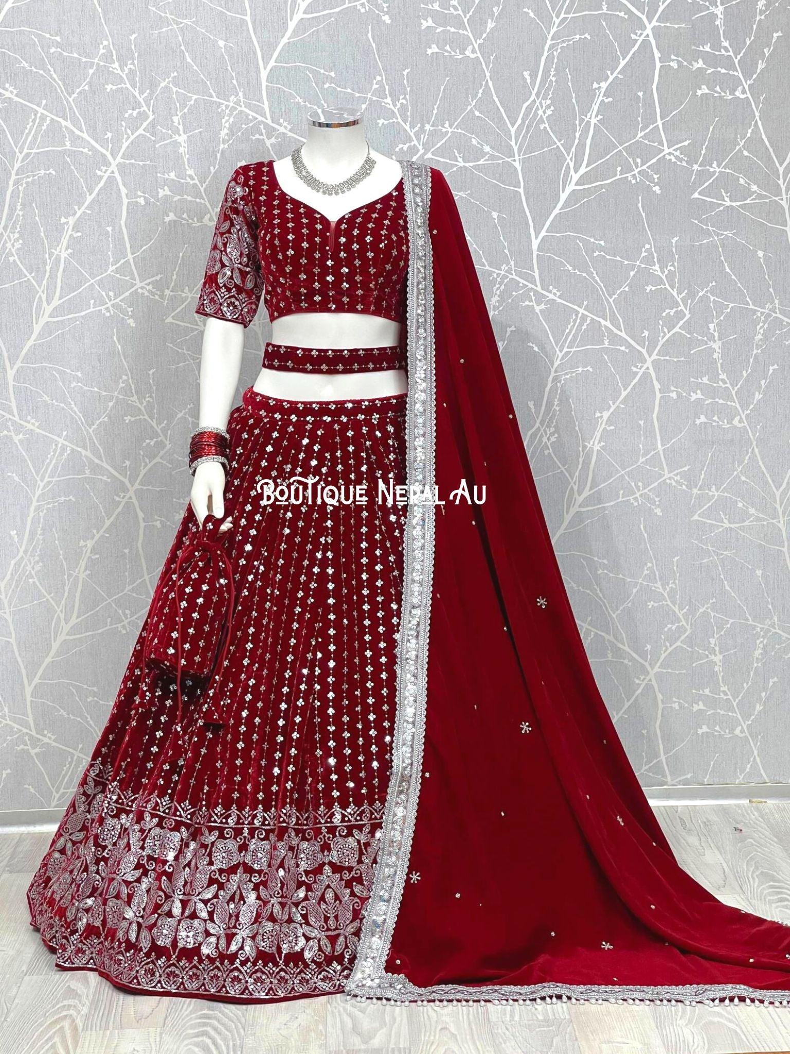 Red Velvet Embroidered Bridal Lehenga Choli 194876 | Bridal lehenga  collection, Bridal lehenga choli, Designer lehenga choli