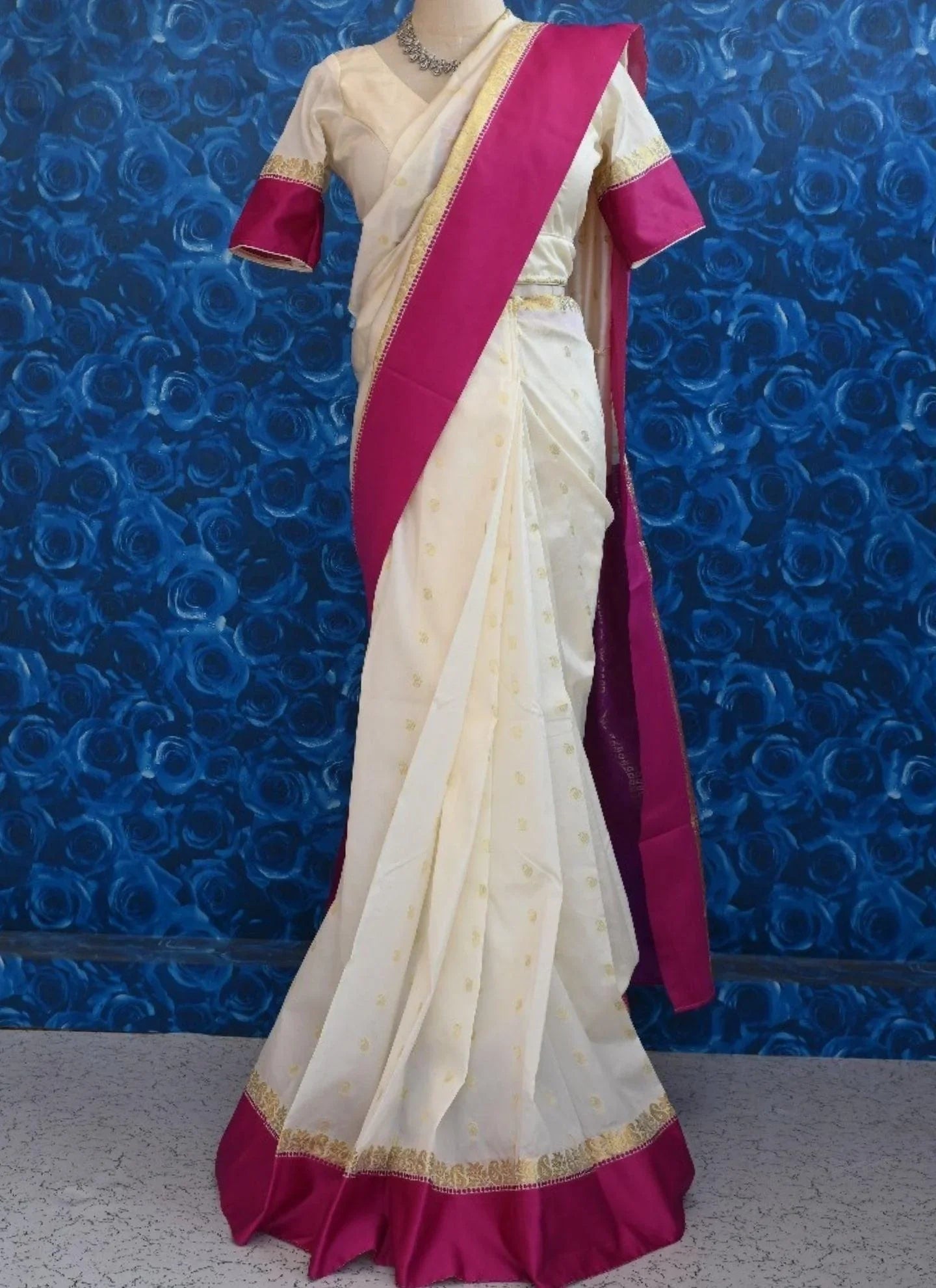 White Dola Silk Saree Set - Boutique Nepal