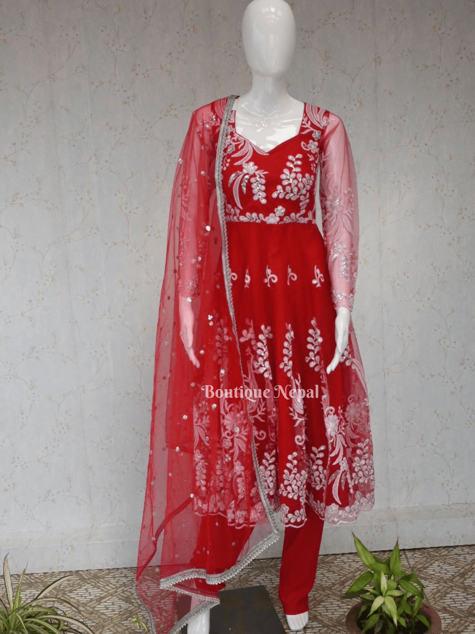 White Embroidery Red Anarkali Kurta Set - Boutique Nepal