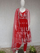 White Embroidery Red Anarkali Kurta Set - Boutique Nepal Australia 