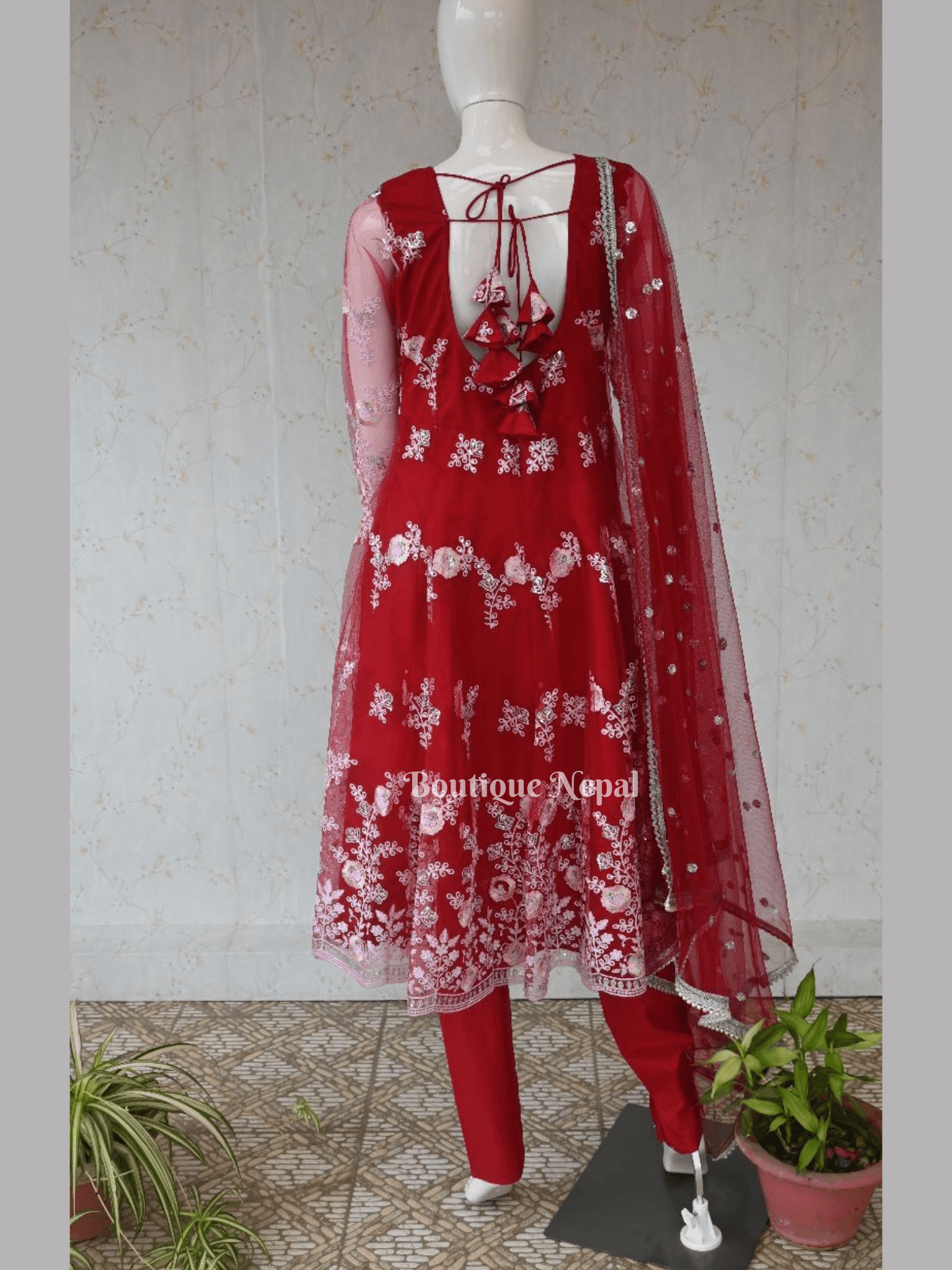 White Embroidery Red Anarkali Kurta Set - Boutique Nepal Australia 