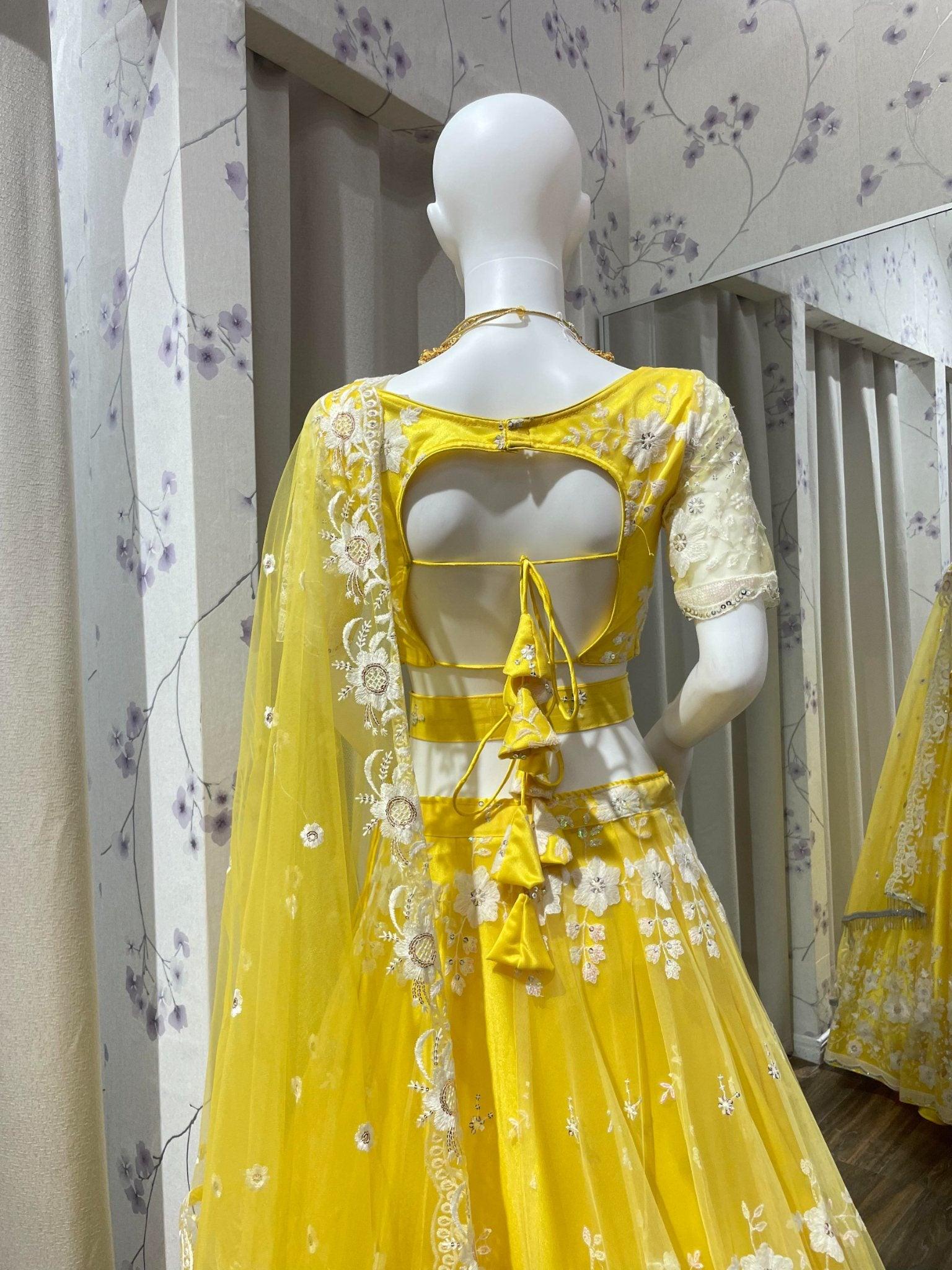 White Embroidery Yellow Lehenga Choli Set - Boutique Nepal