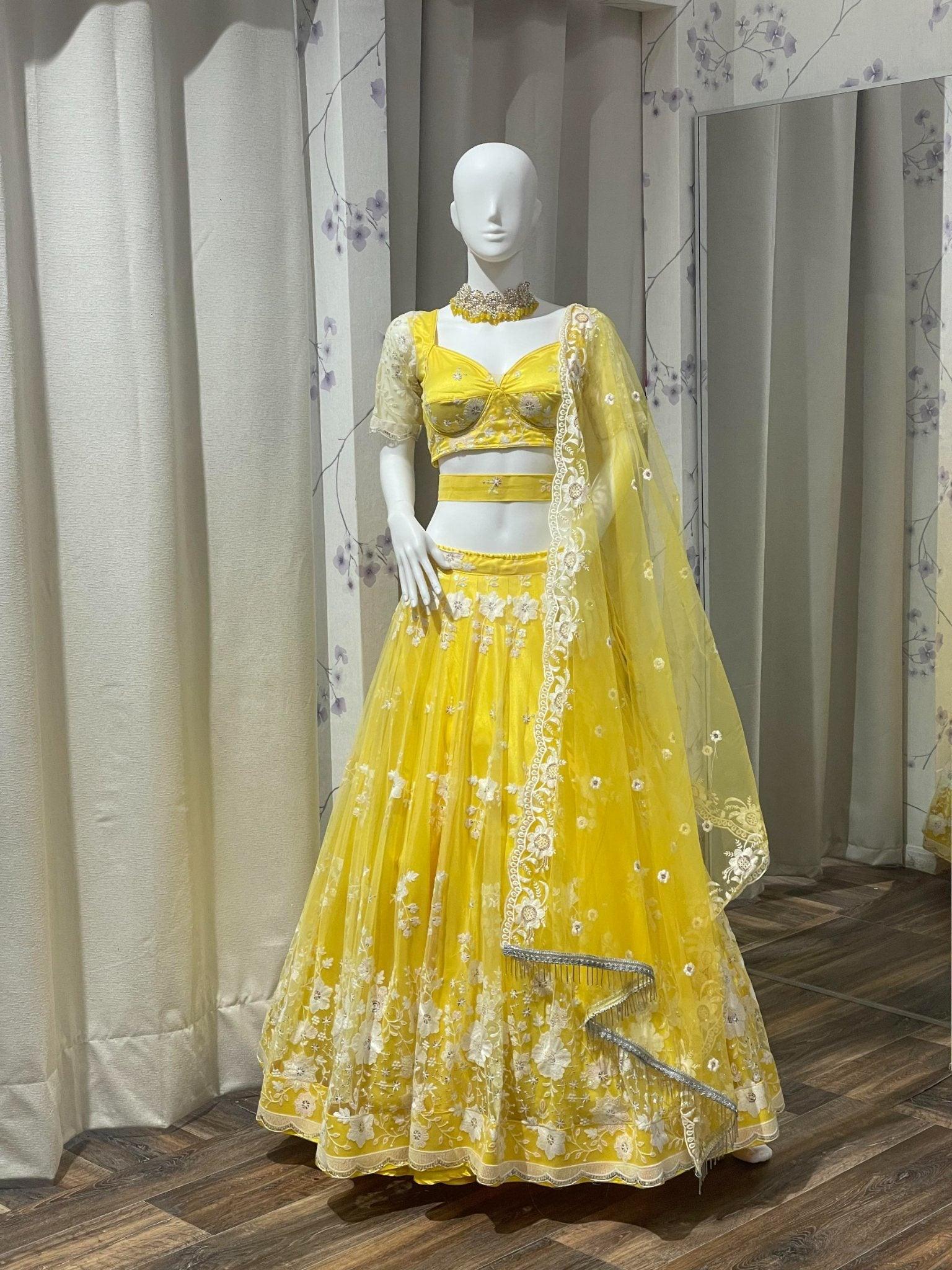 White Embroidery Yellow Lehenga Choli Set - Boutique Nepal Au