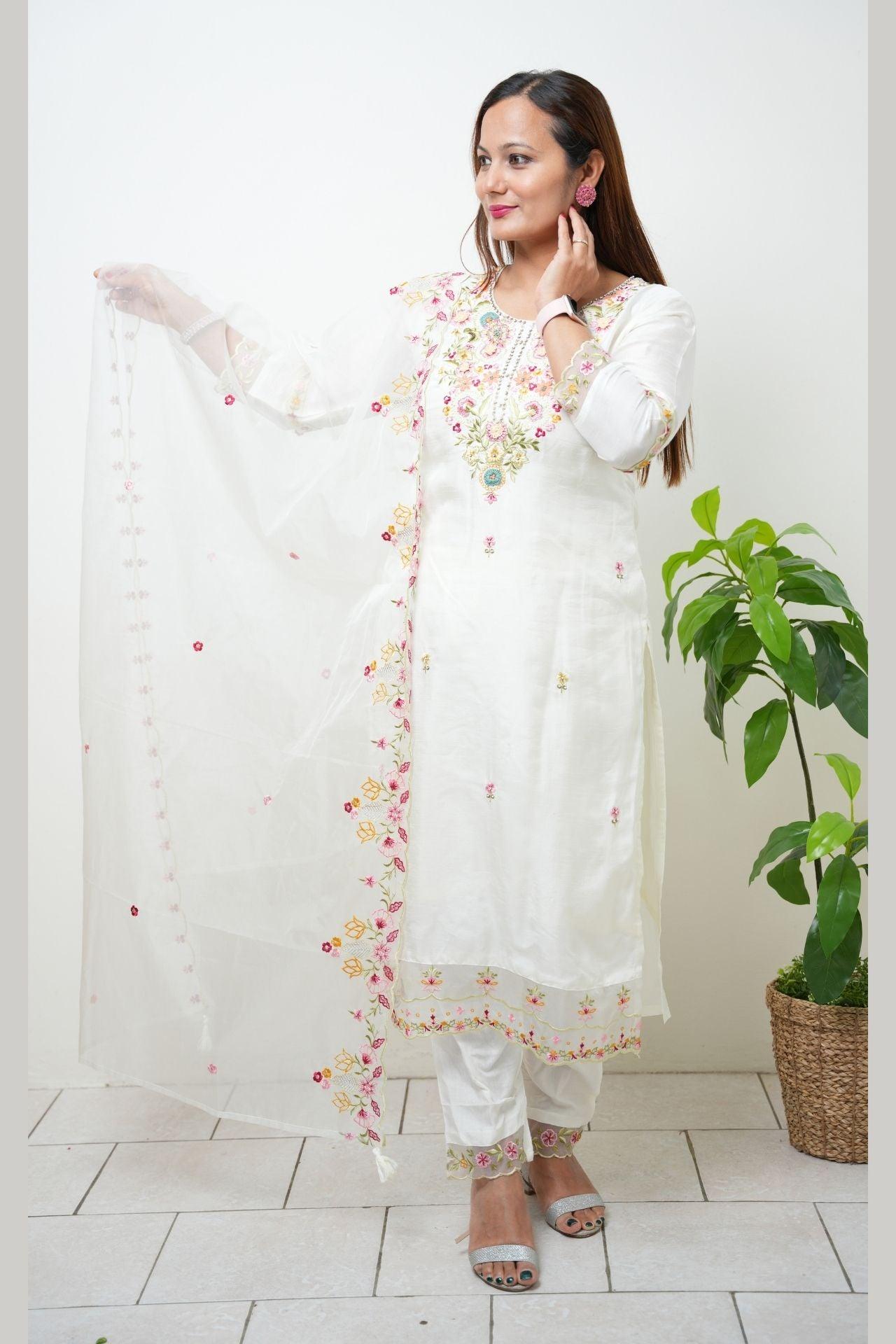 White Floral Hand Embroidered Kurta Set - Boutique Nepal