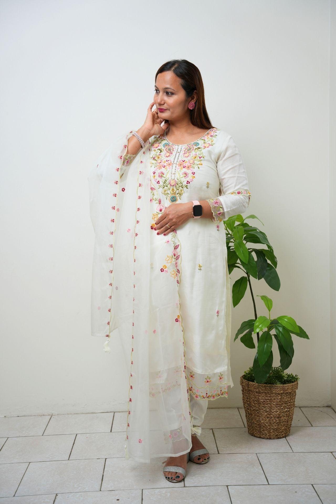 White Floral Hand Embroidered Kurta Set - Boutique Nepal