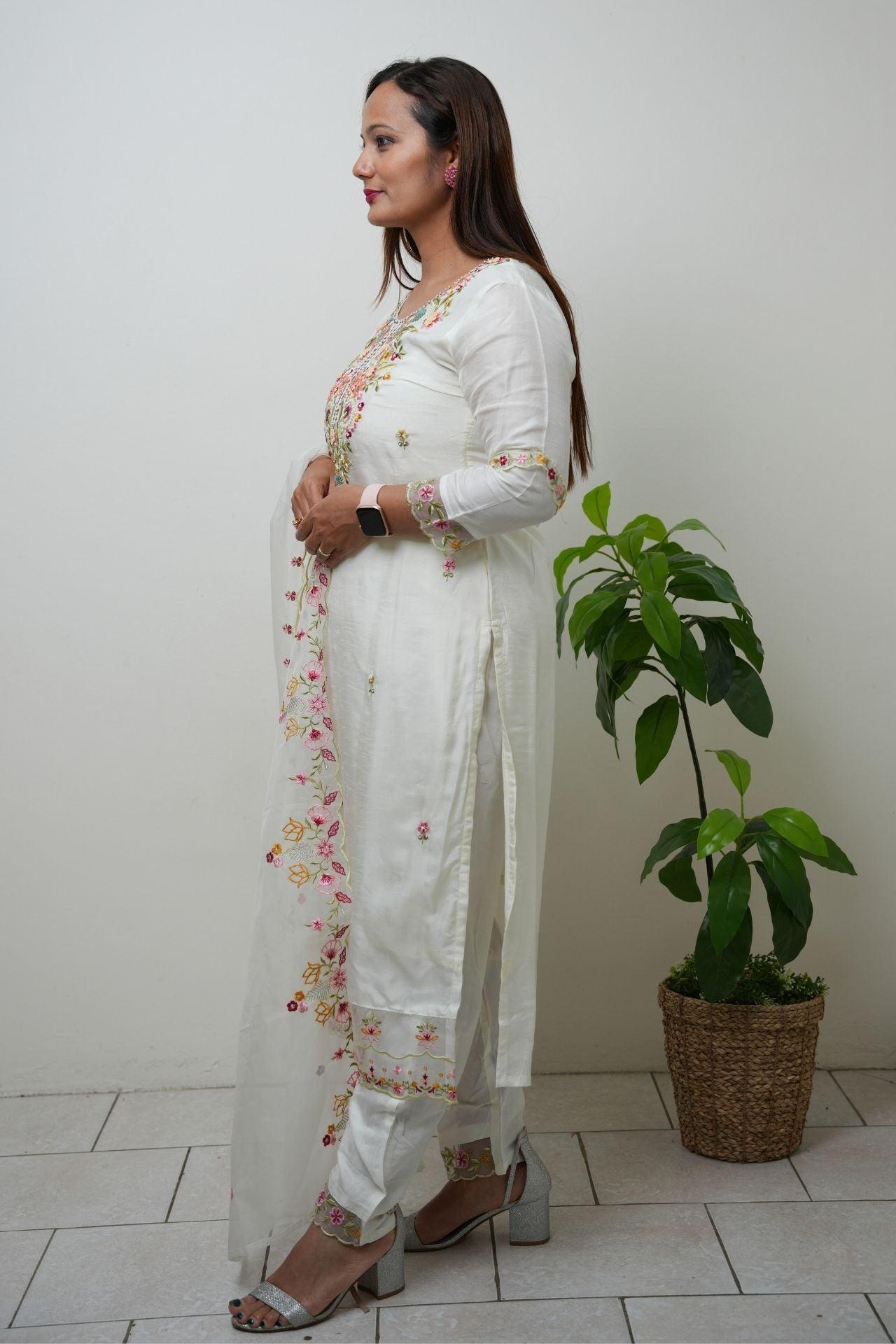 White Floral Hand Embroidered Kurta Set - Boutique Nepal