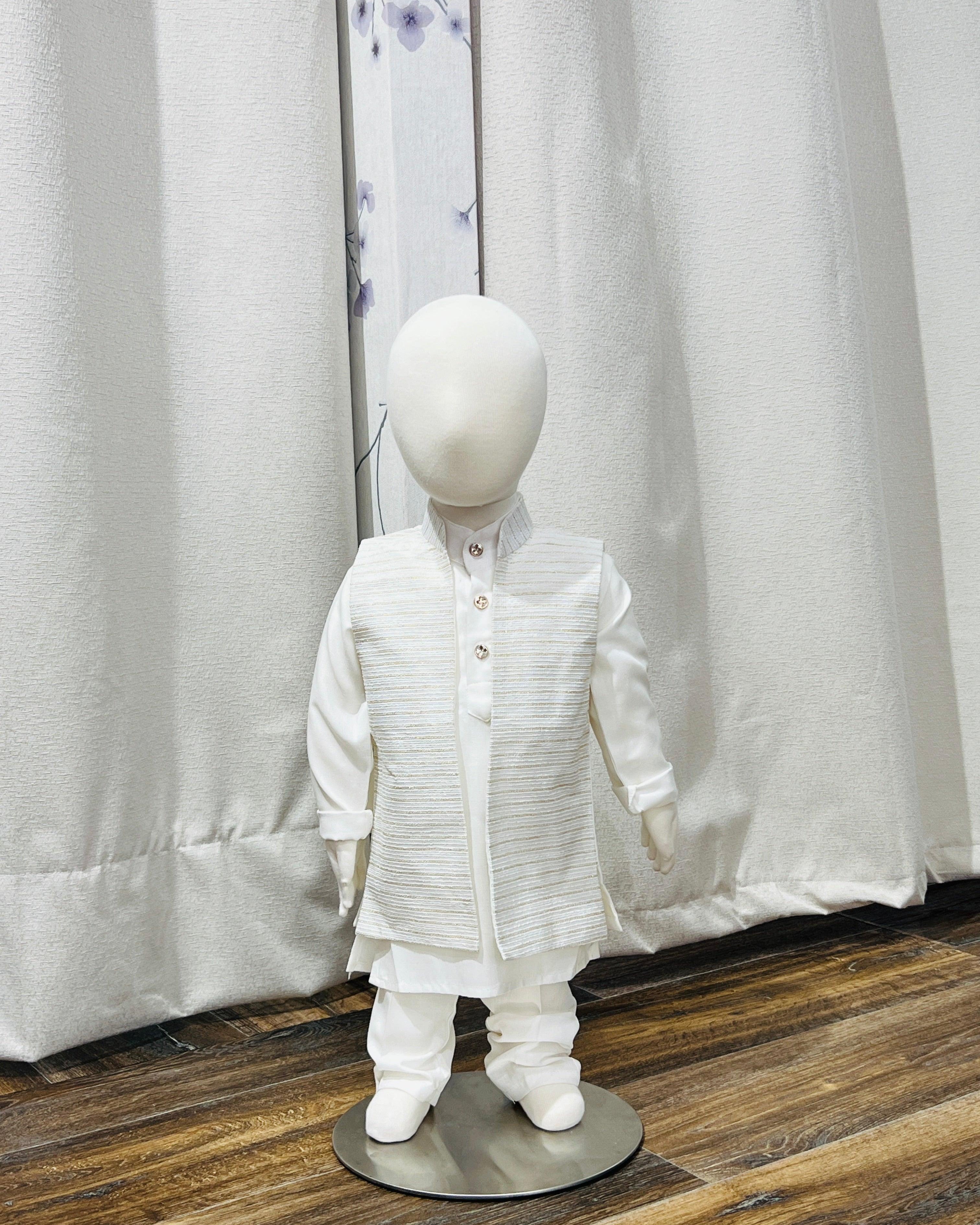 White Kurta Pajama With Printed Jacket - Boutique Nepal