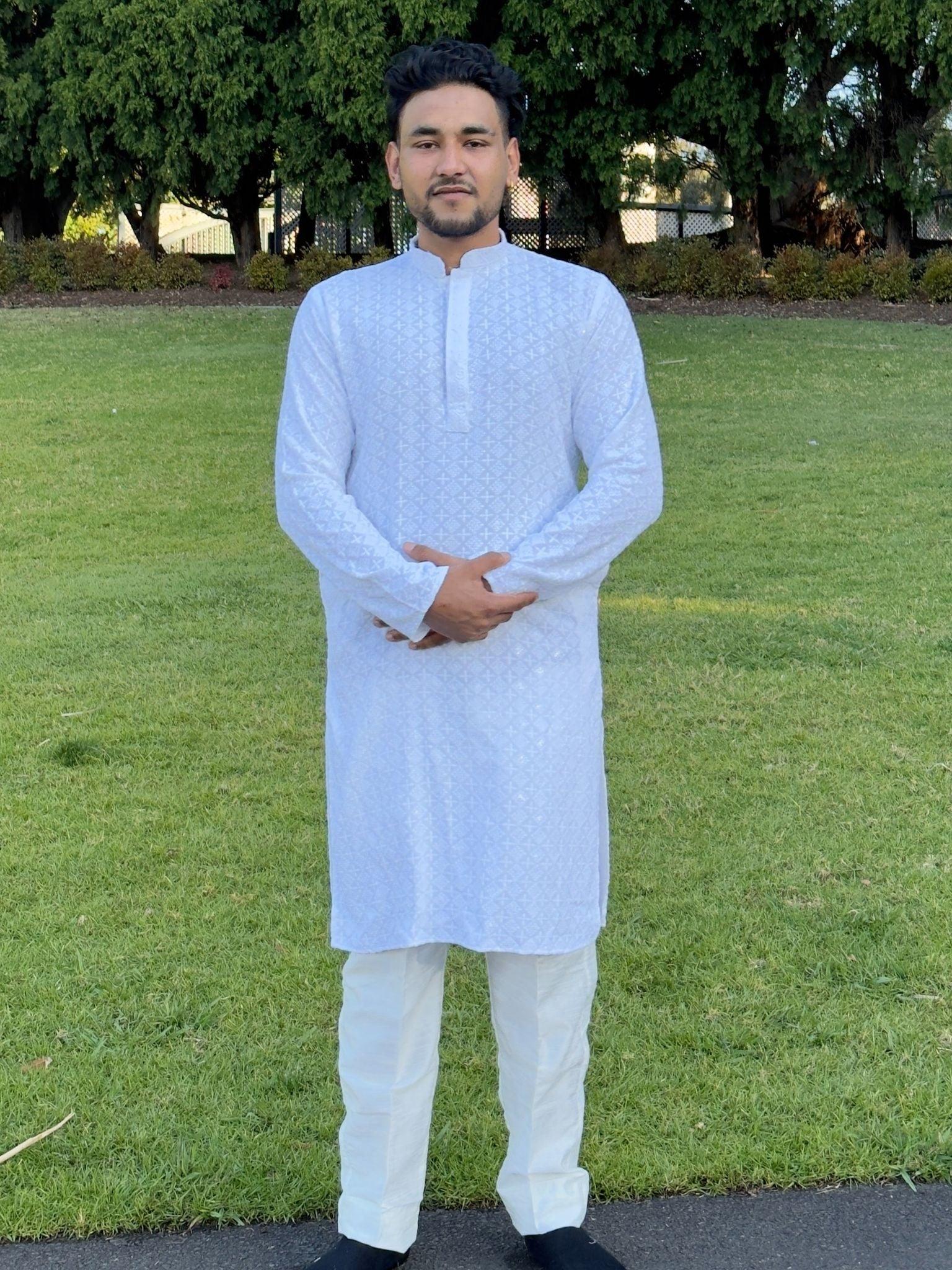 White Mens Chikankari Kurta Set - Boutique Nepal