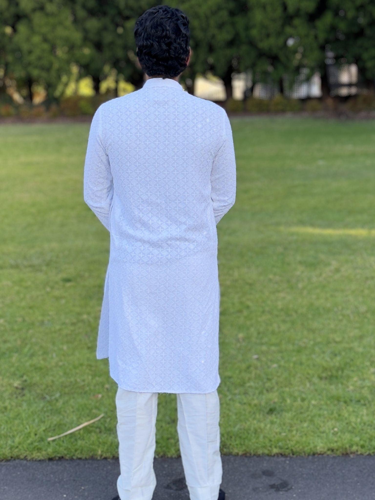 White Mens Chikankari Kurta Set - Boutique Nepal