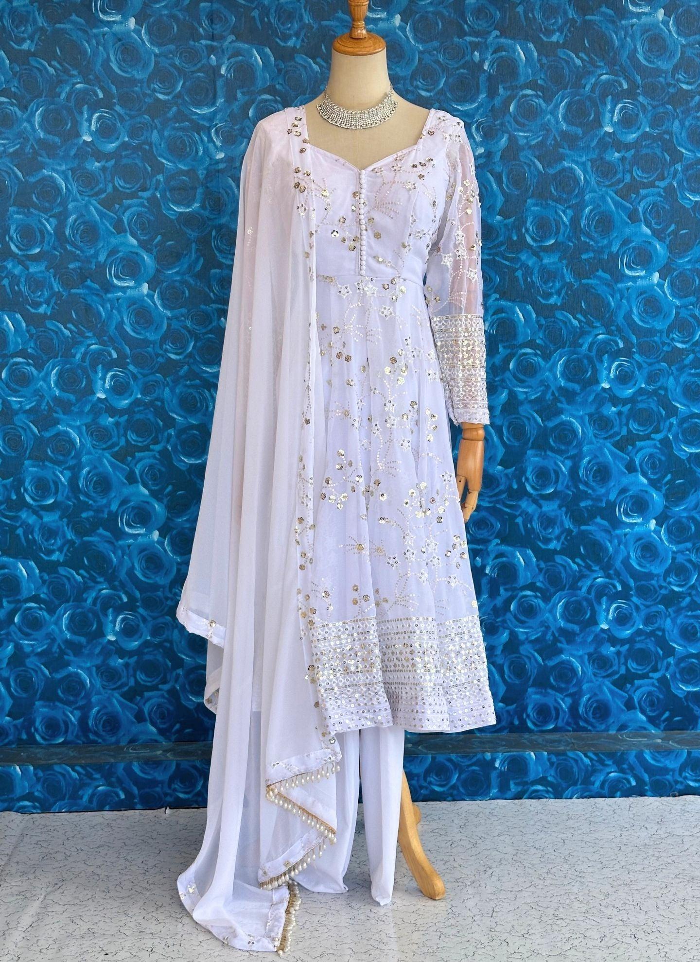 White Sequence Work Anarkali - Boutique Nepal