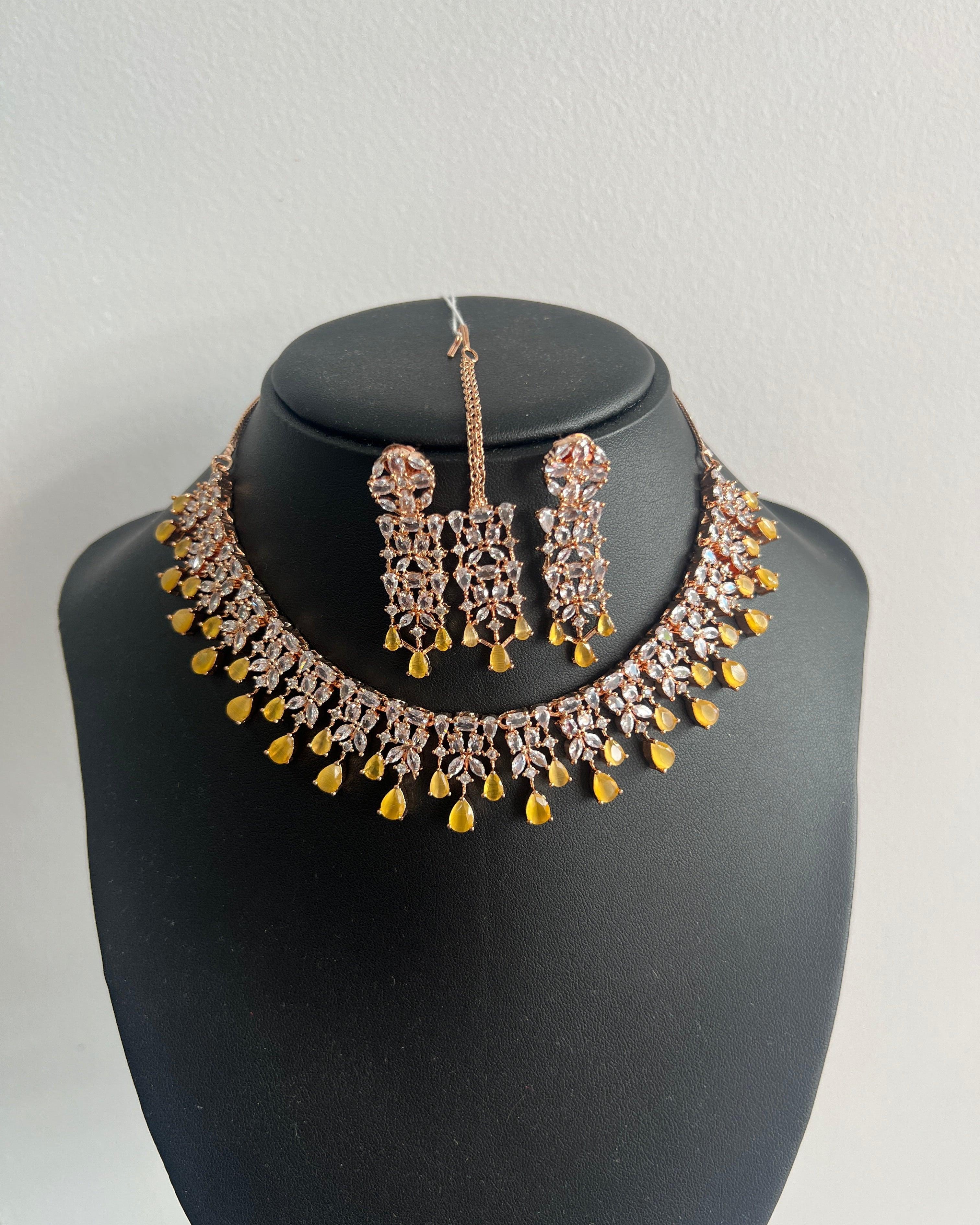 Yellow American Diamond Necklace and Jumki with Bindi - Boutique Nepal Australia 