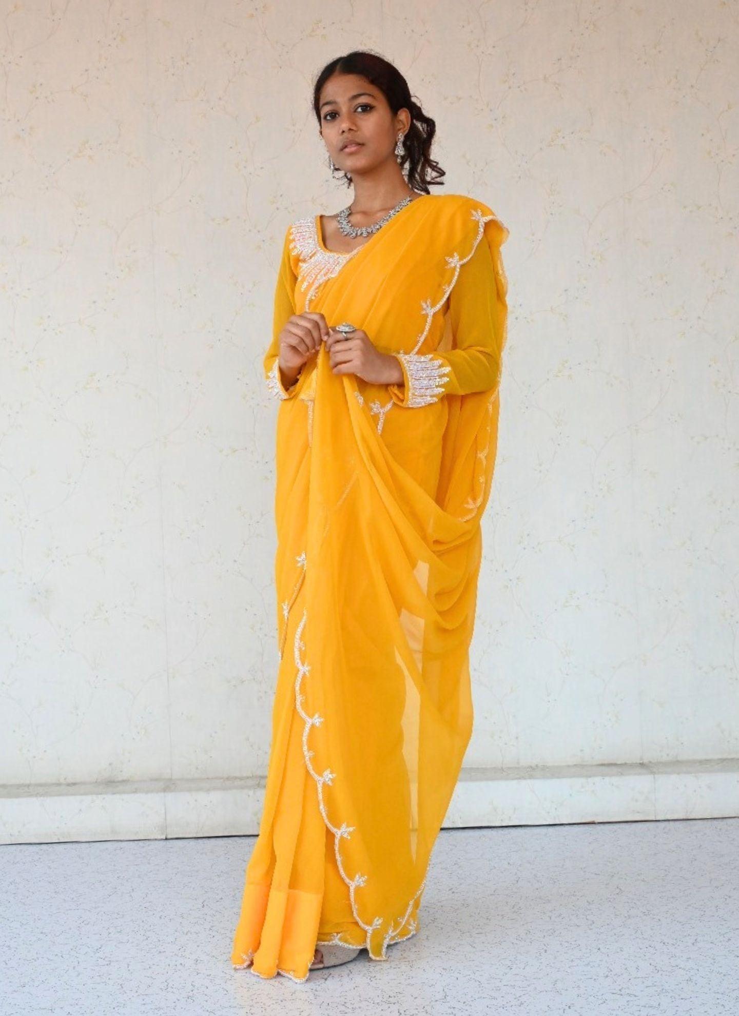 Yellow Georgette Saree With Silver Border - Boutique Nepal