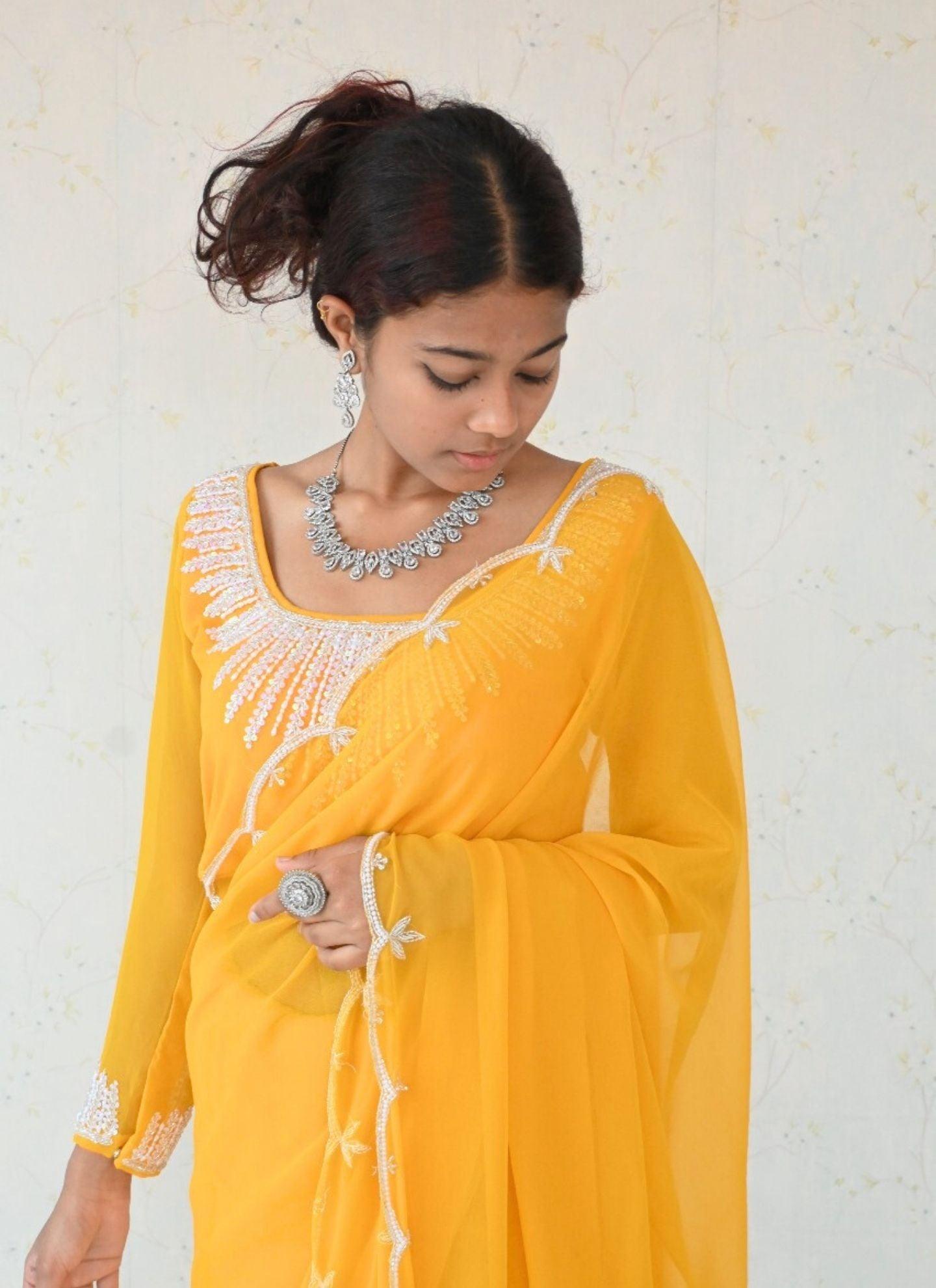 Yellow Georgette Saree With Silver Border - Boutique Nepal