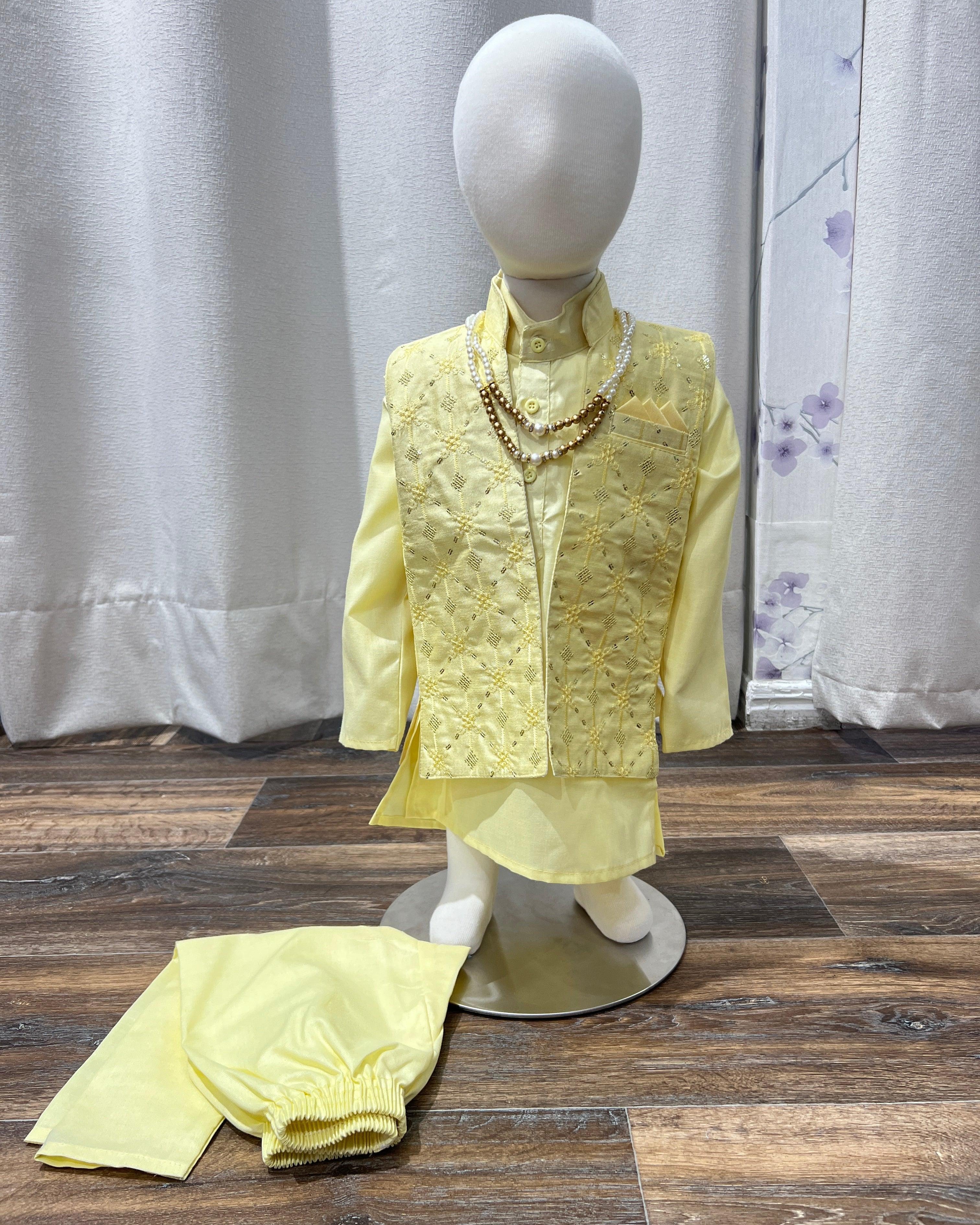 Yellow Kurta Pajama With Printed Jacket - Boutique Nepal