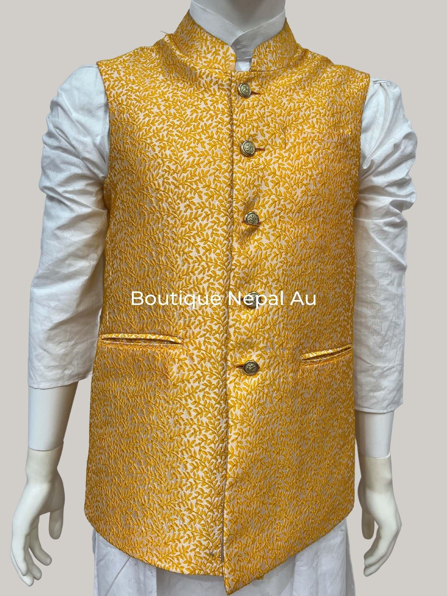 Yellow Nehru Jacket Waist Coat - Boutique Nepal