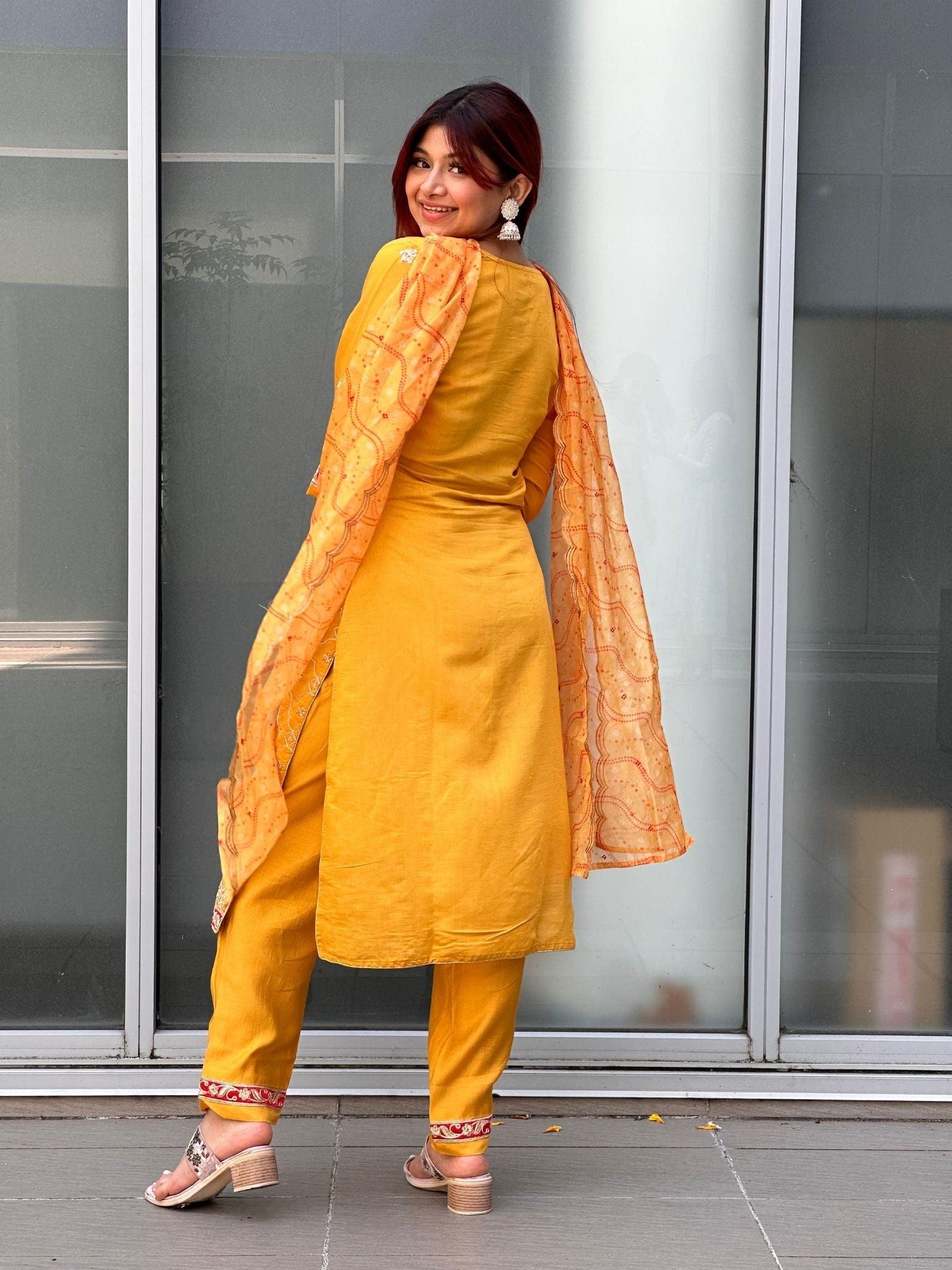 Yellow Three Pieces Kurta Set - Boutique Nepal
