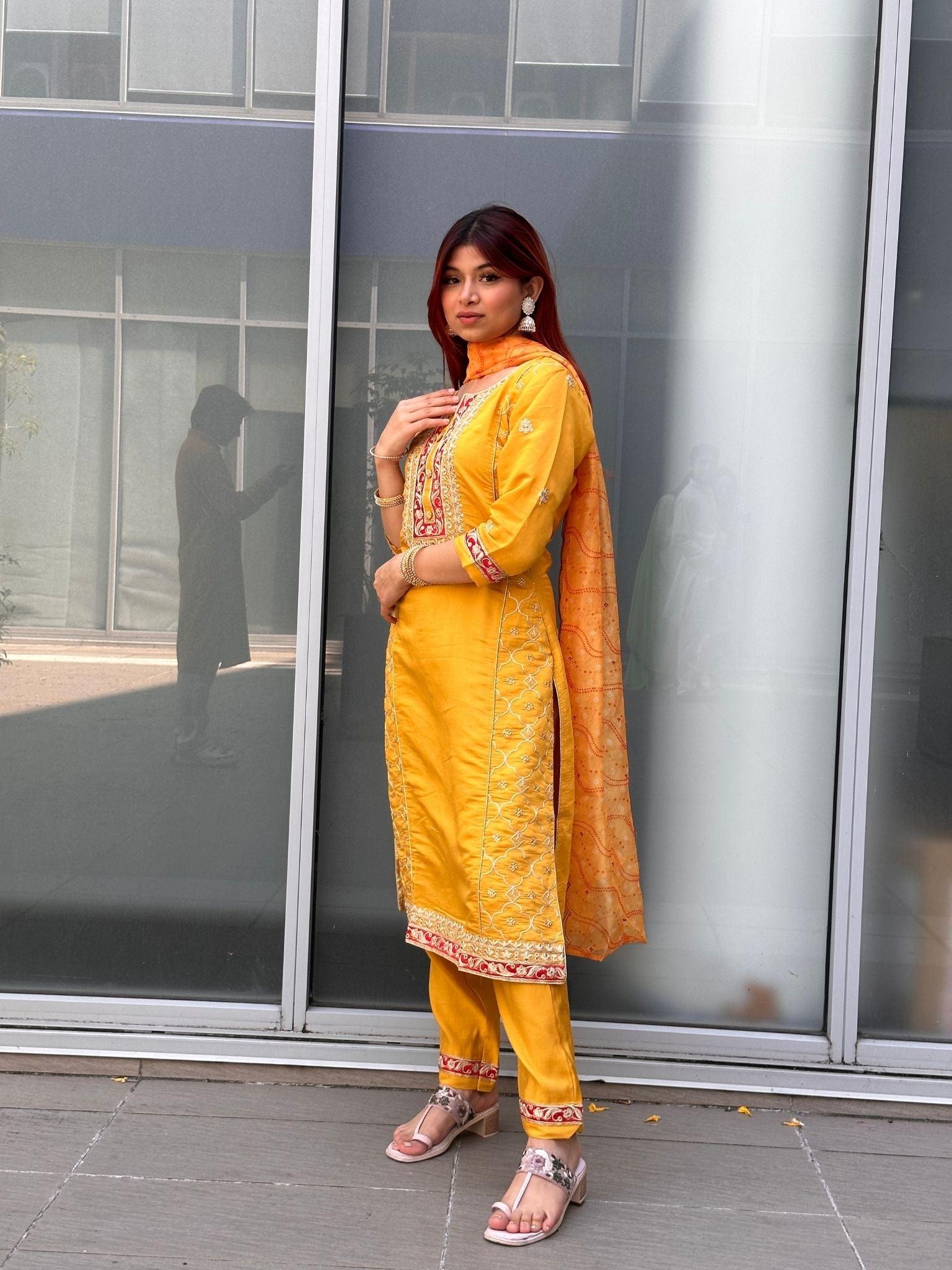 Yellow Three Pieces Kurta Set - Boutique Nepal Australia 