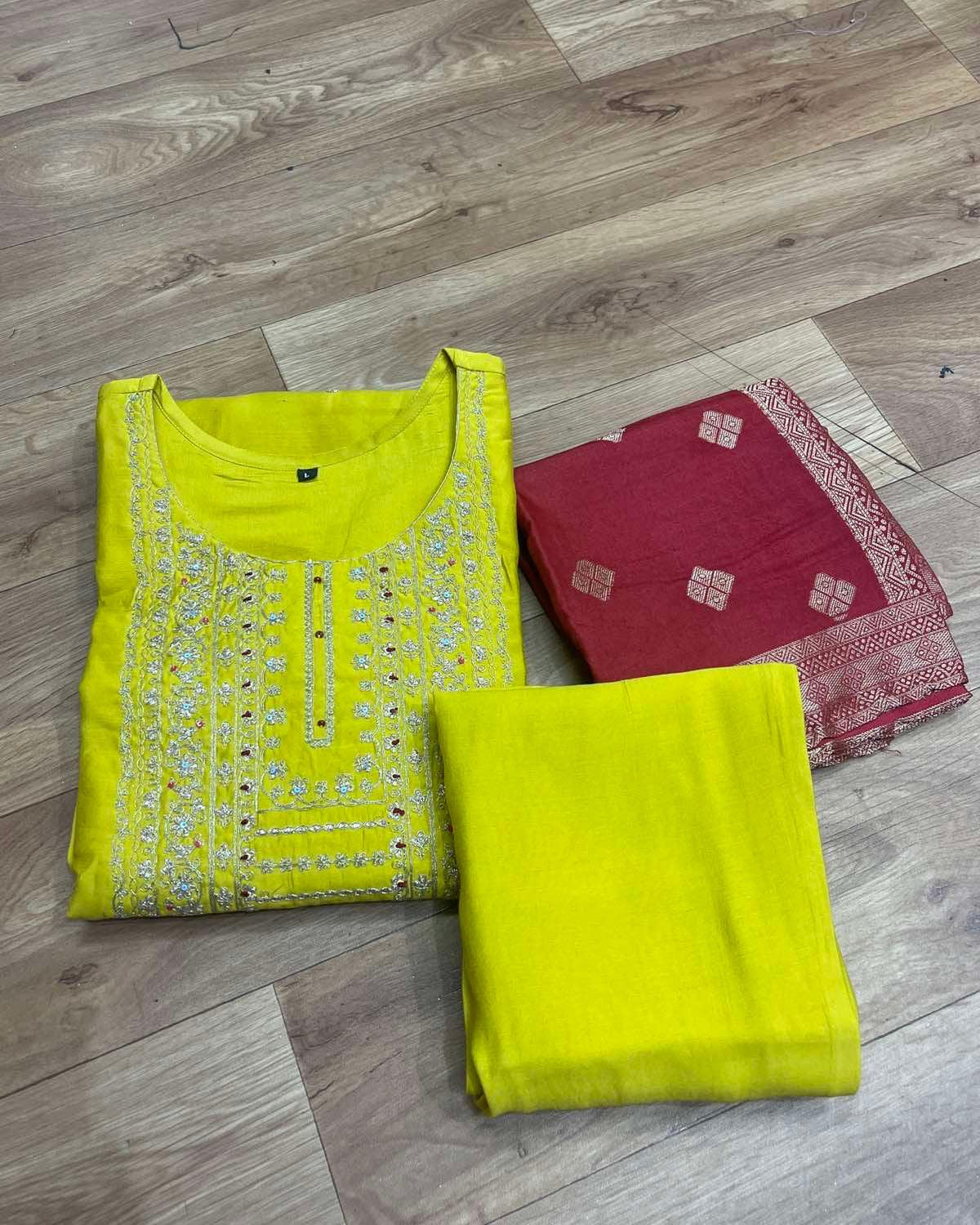 Yellow Three Pieces Kurta Set - Boutique Nepal