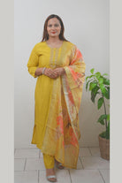 Yellow Tissue Silk Embroidered Kurta Set - Boutique Nepal