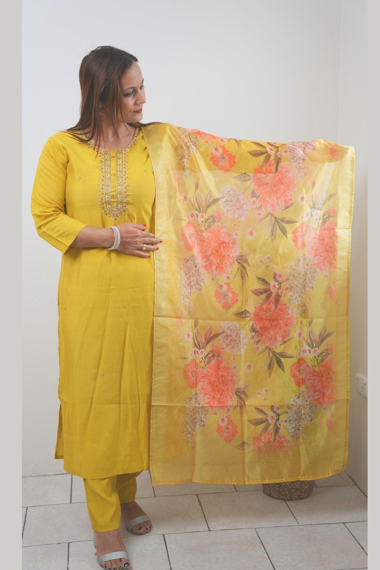 Yellow Tissue Silk Embroidered Kurta Set - Boutique Nepal