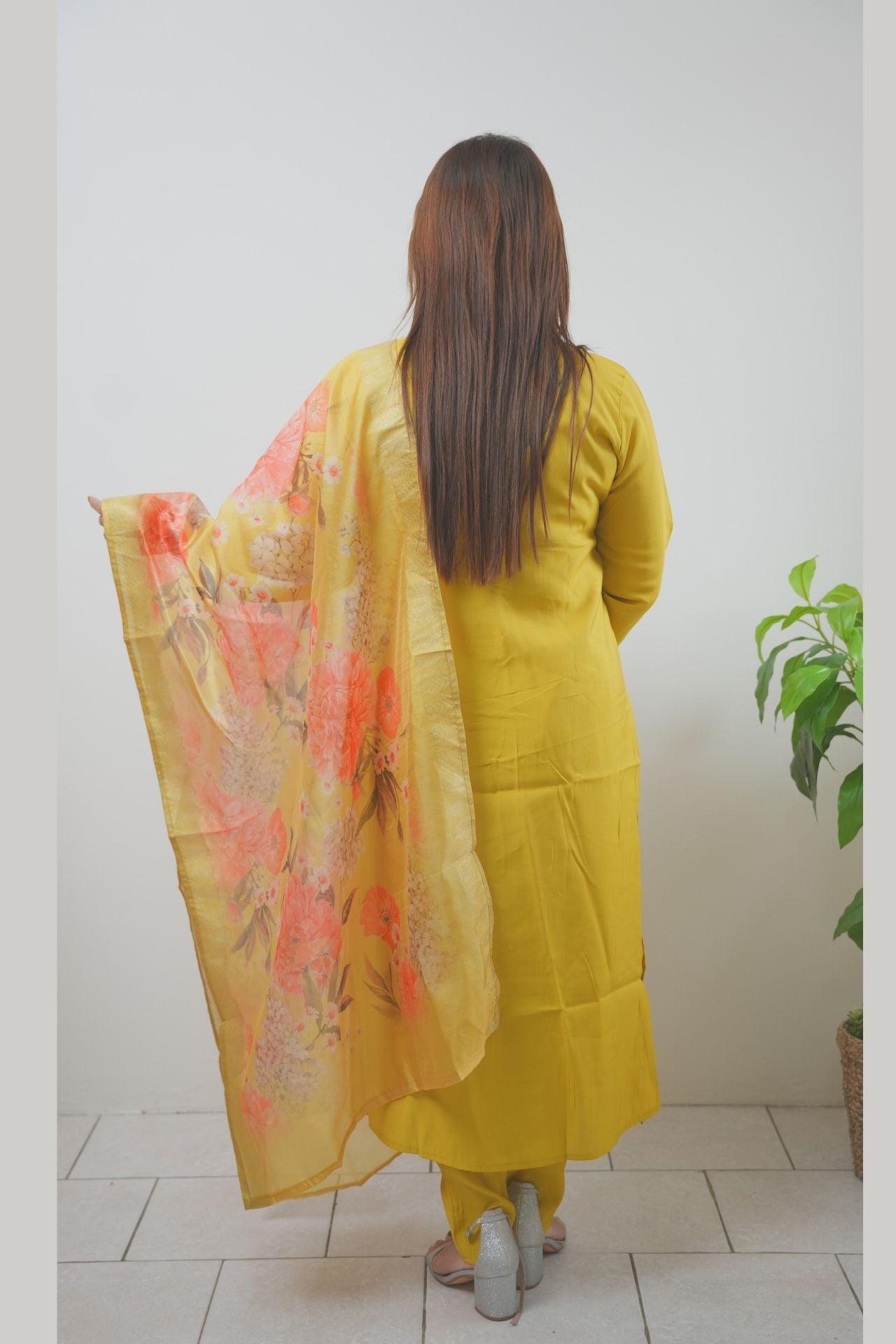 Yellow Tissue Silk Embroidered Kurta Set - Boutique Nepal