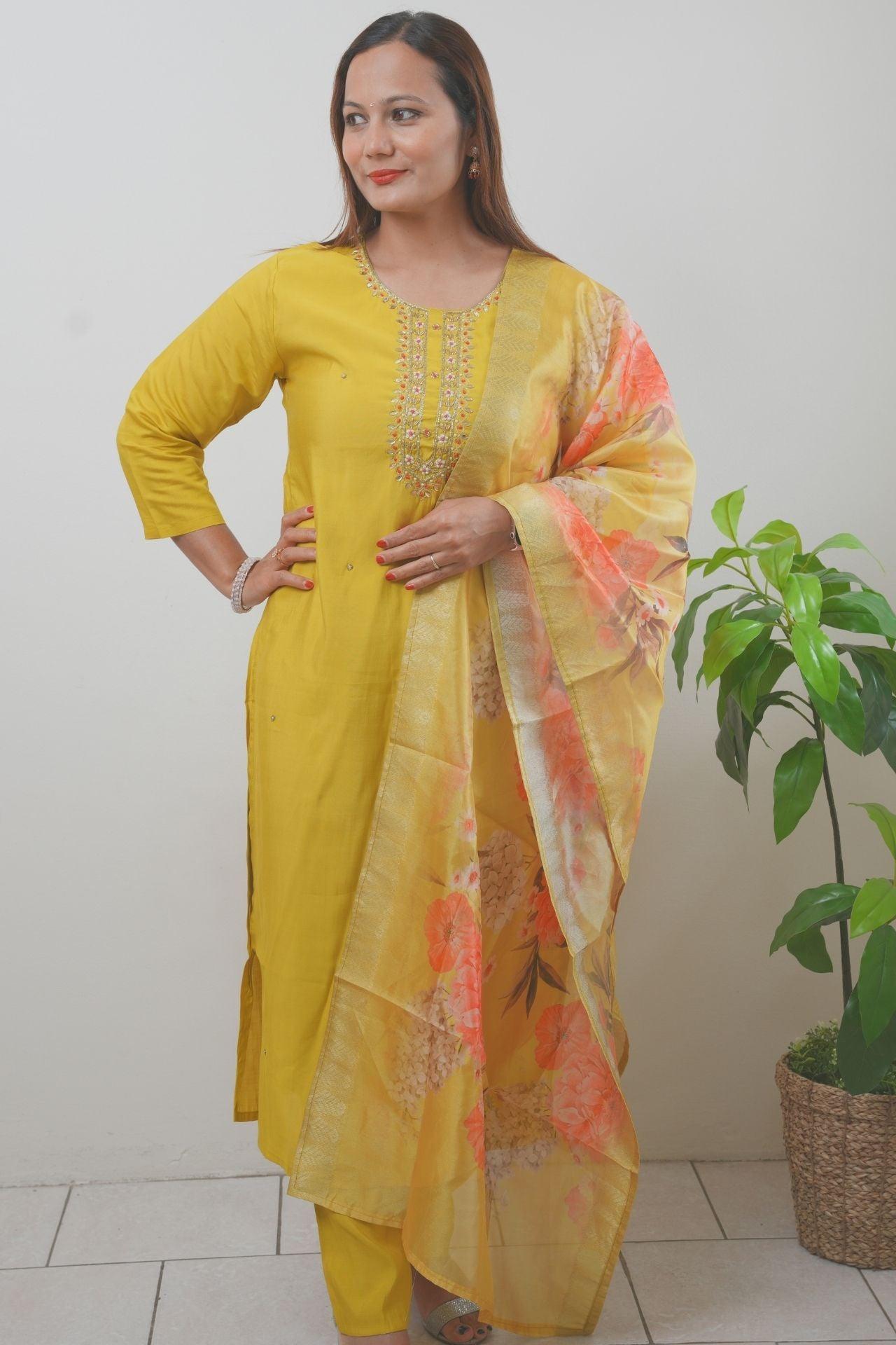 Yellow Tissue Silk Embroidered Kurta Set - Boutique Nepal