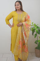 Yellow Tissue Silk Embroidered Kurta Set - Boutique Nepal